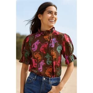 Fox & Hen Wild Cats Puff Short Sleeve High Ruffle Neck Feminine XL Blouse Top